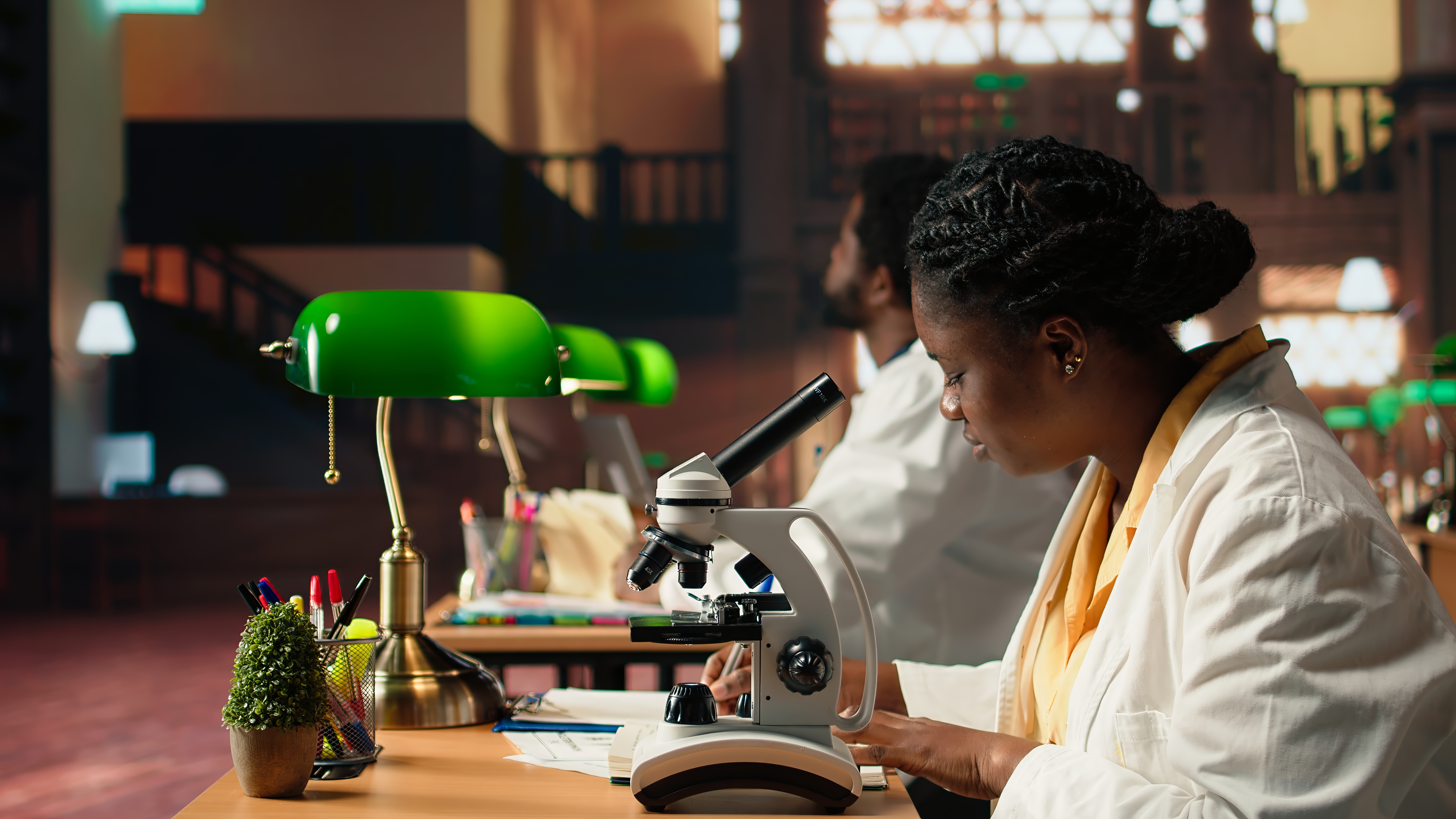 Scientist working with microscope